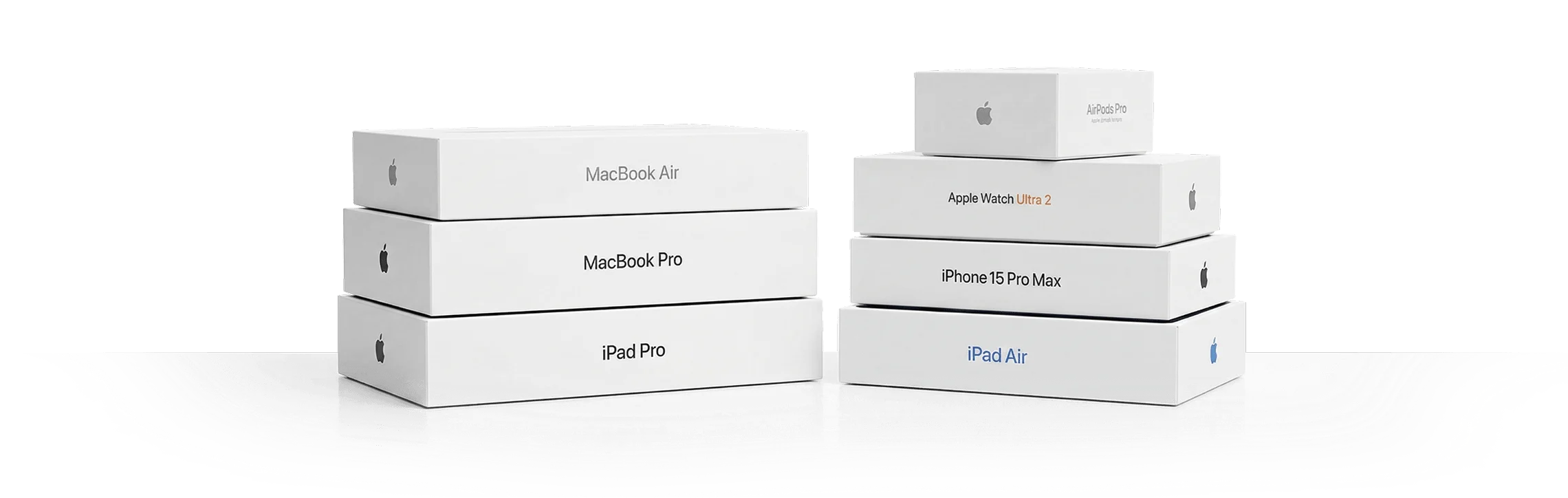 Sealed Apple boxes: MacBook Air, MacBook Pro, iPad Pro, AirPods Pro, Apple Watch Ultra 2, iPhone 15 Pro Max and iPad Air